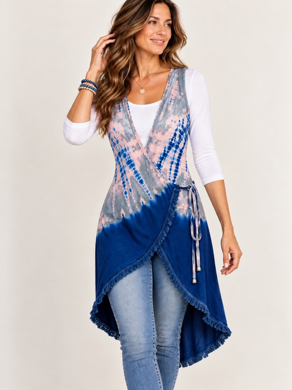 Earthbound Trading Co Tie Dye Wrap Vest M Fringe Asymmetrical Boho Duster